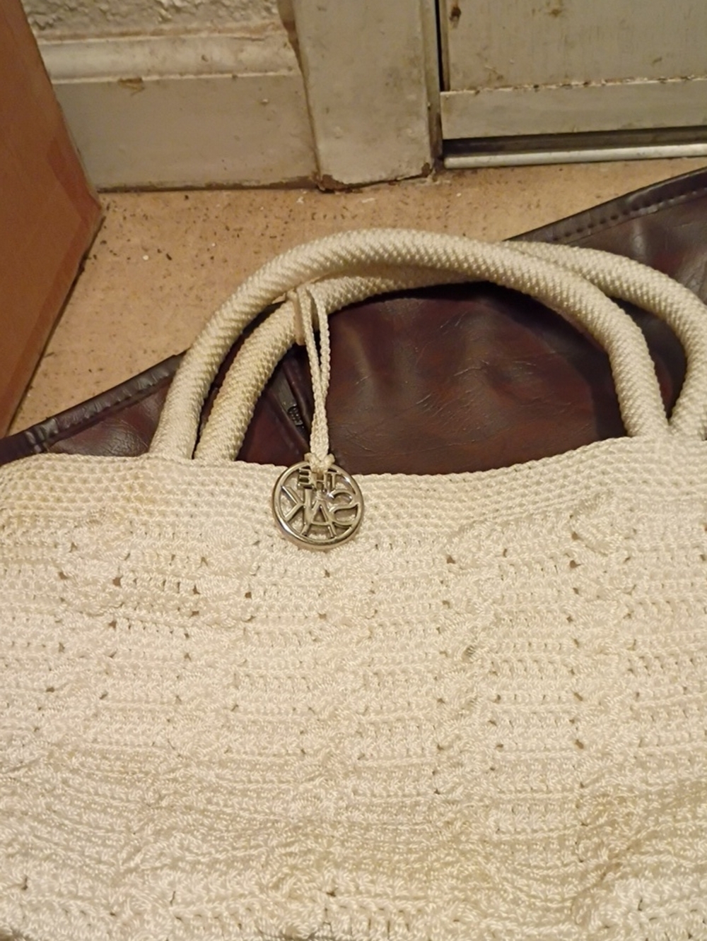Tory Burch Ivory Crochet Tote with Logo Charm